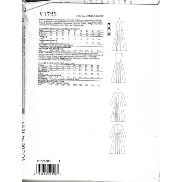 Vogue V1725 Misses 16 to 24 Shark Bite Hem Dress UNCUT Sewing Pattern - Picture 2 of 2